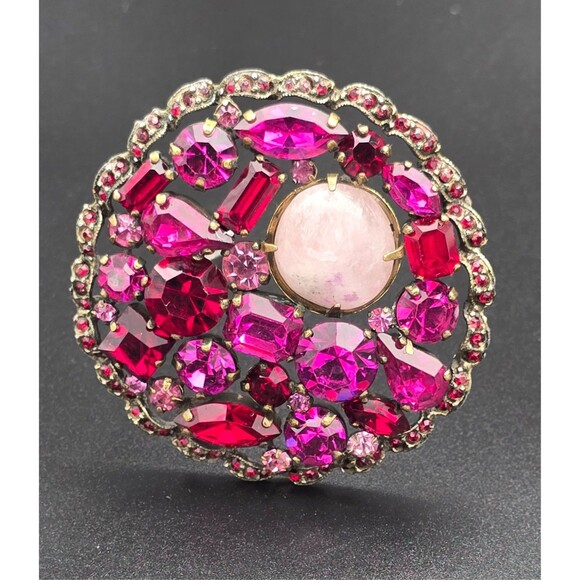 Weiss Accessories - Vtg WEISS signed Gunmetal Pink Cabochon Red & Pink Rhinestones